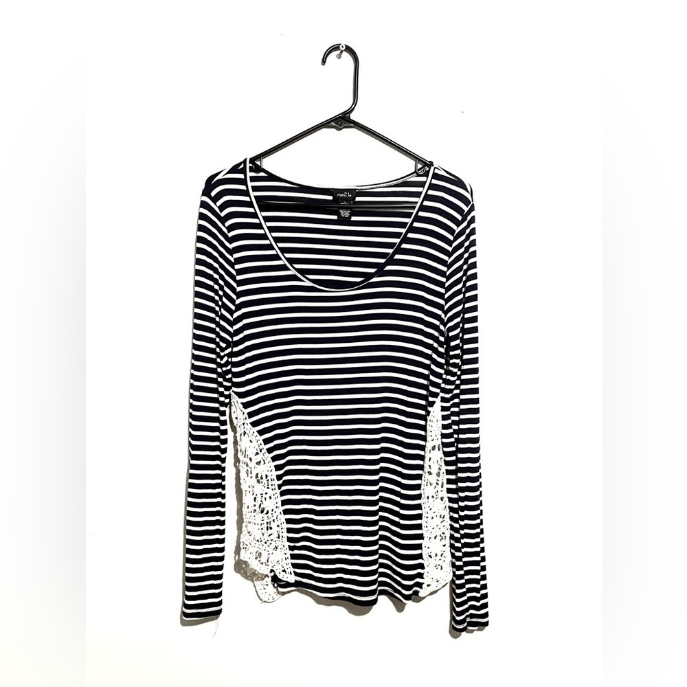 Rue 21 Ivory Lace Sides Long Sleeve Black White Striped Shirt Top Size L Y2K